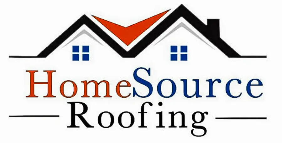 Logo for HomeSource Roofing featuring stylized house roofs with two windows above the company name, HomeSource Roofing, in orange, blue, and black text.
